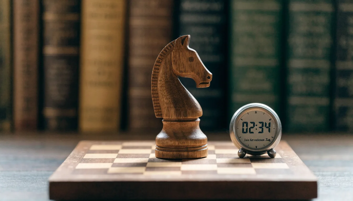 Ein Springer aus Holz steht allein auf einem Brett neben einer Schachuhr aus Metall, im Hintergrund unscharfe Bücherregale.