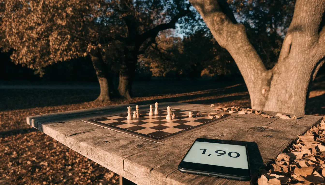 Ein Parkbank-Tisch mit eingelassenem Spielfeld unter alten Kastanien, auf den Wegen liegt Laub und die Sonne steht tief.