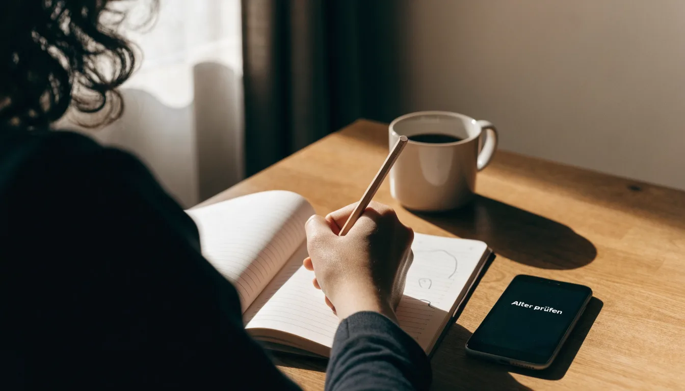 Ein aufgeschlagenes Notizbuch mit handschriftlichen Skizzen neben einem Bleistift und einer Kaffeetasse auf einem Holztisch.