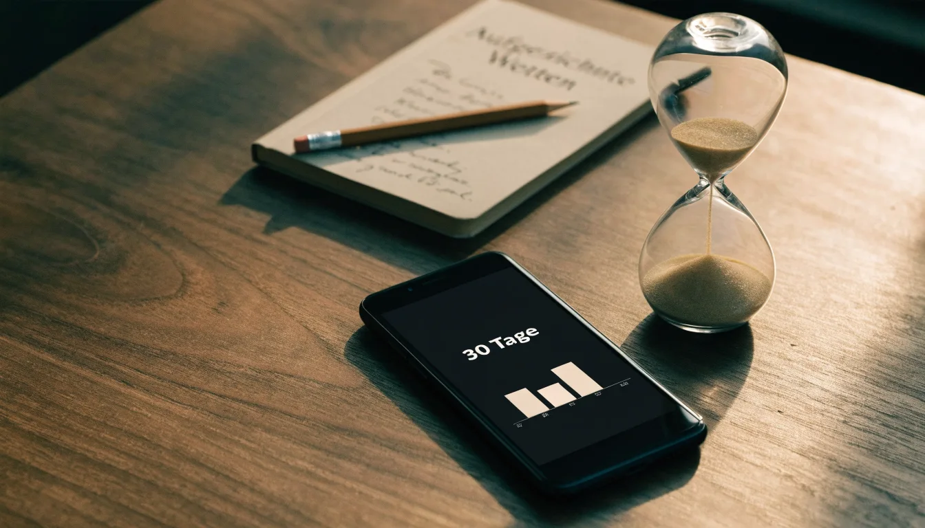 Eine Sanduhr steht auf einem Holztisch neben einem umgedrehten Smartphone, warmes Licht fällt von der Seite ein.