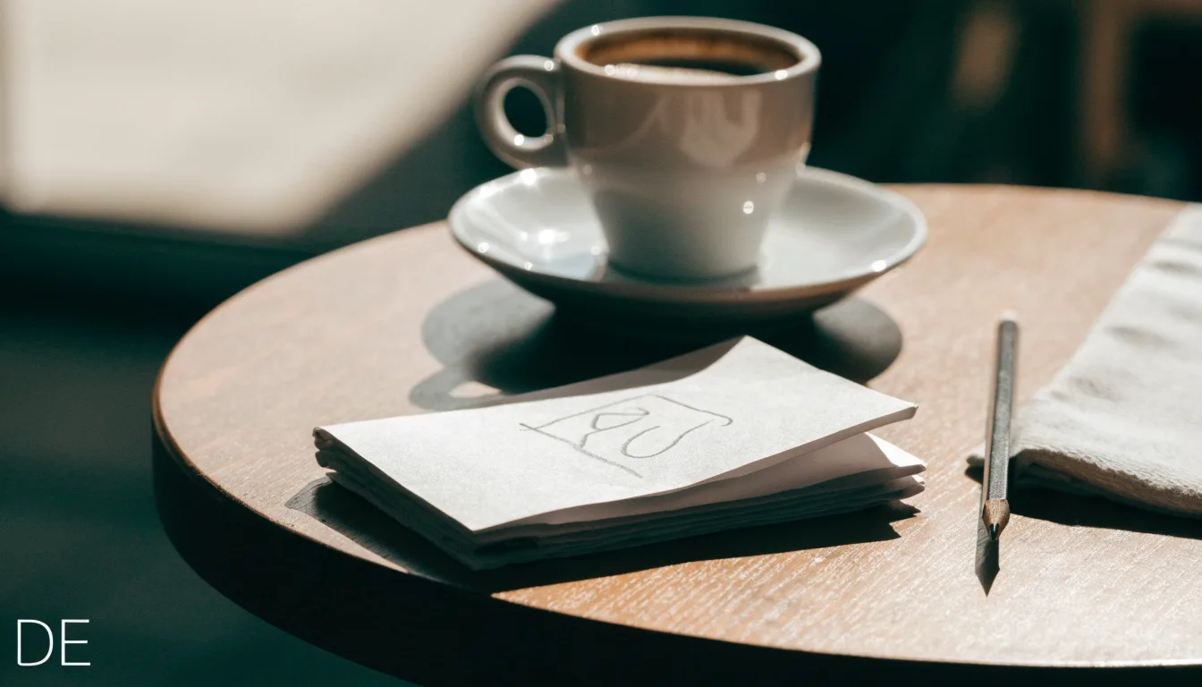 Eine Espressotasse und ein Bleistift liegen auf einem Caféhaustisch neben einer gefalteten Stoffserviette im Licht der Morgensonne.