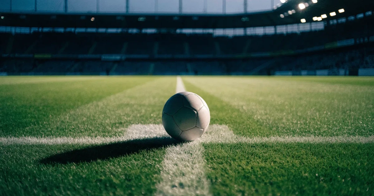 Ein Fussball liegt auf dem Anstosspunkt eines leeren Rasenplatzes in der Abenddämmerung, dahinter leuchten Flutlichtmasten über einer Tribüne.