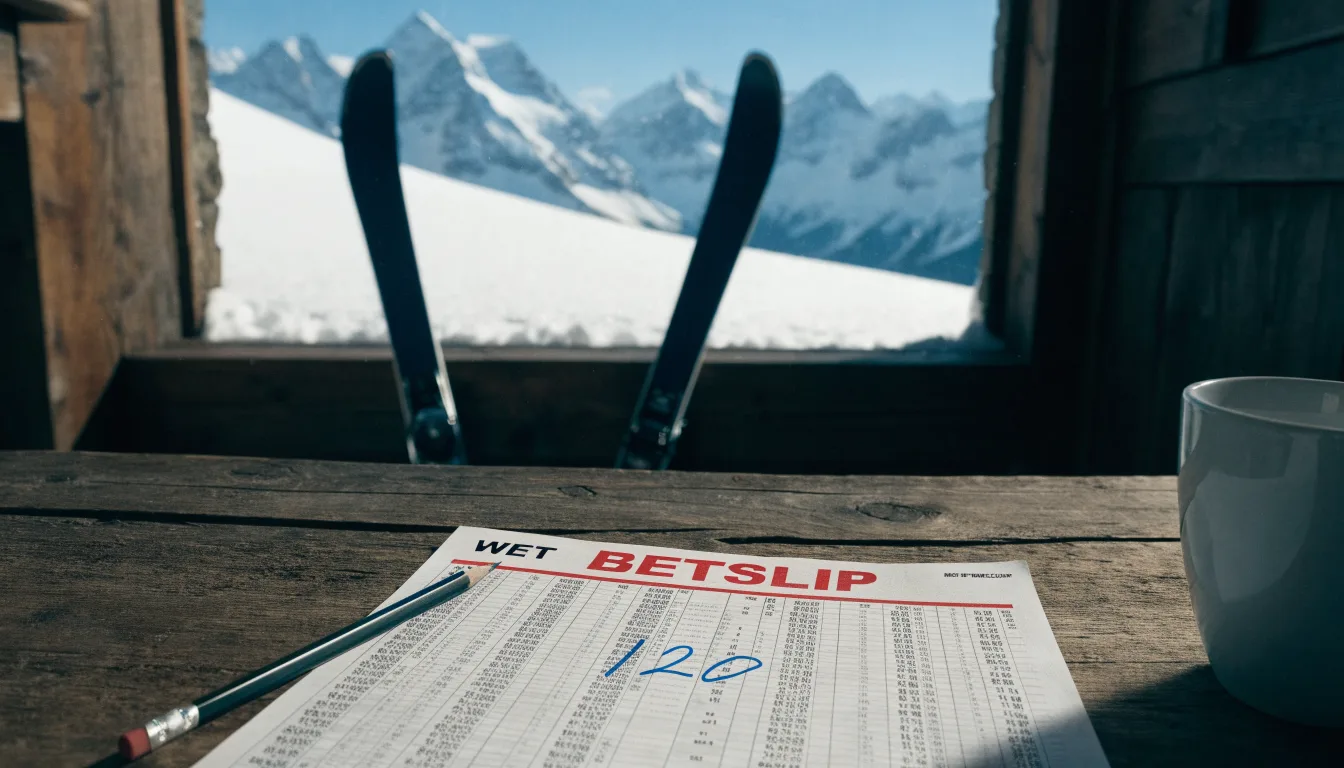 Zwei Skier stecken aufrecht im Schnee neben einer Holzhütte, dahinter ein weites Alpenpanorama bei klarem Himmel.