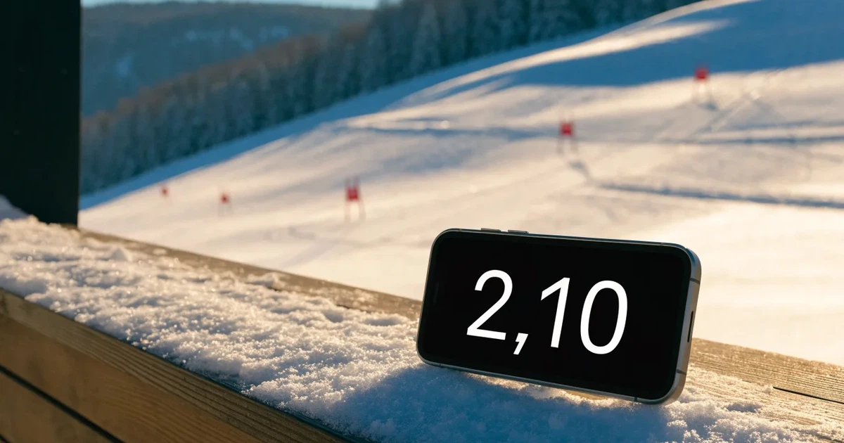 Ein frisch präparierter Hang mit Slalomstangen in einer Reihe im ersten Morgenlicht, Schneespuren im Hang und Berge im Hintergrund.