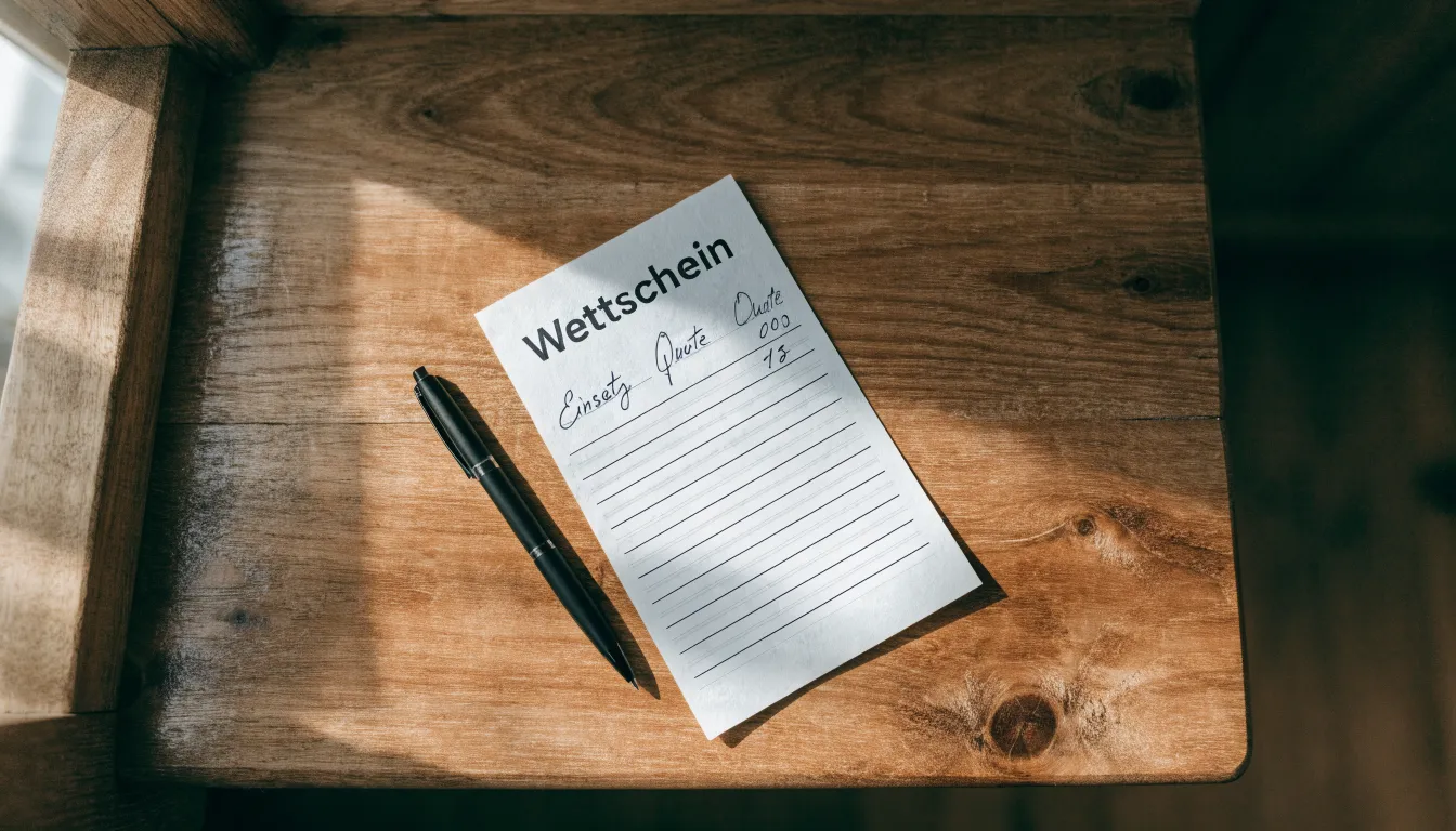Ein leerer Wettschein aus Papier und ein Kugelschreiber liegen auf einer hölzernen Theke im Nachmittagslicht.