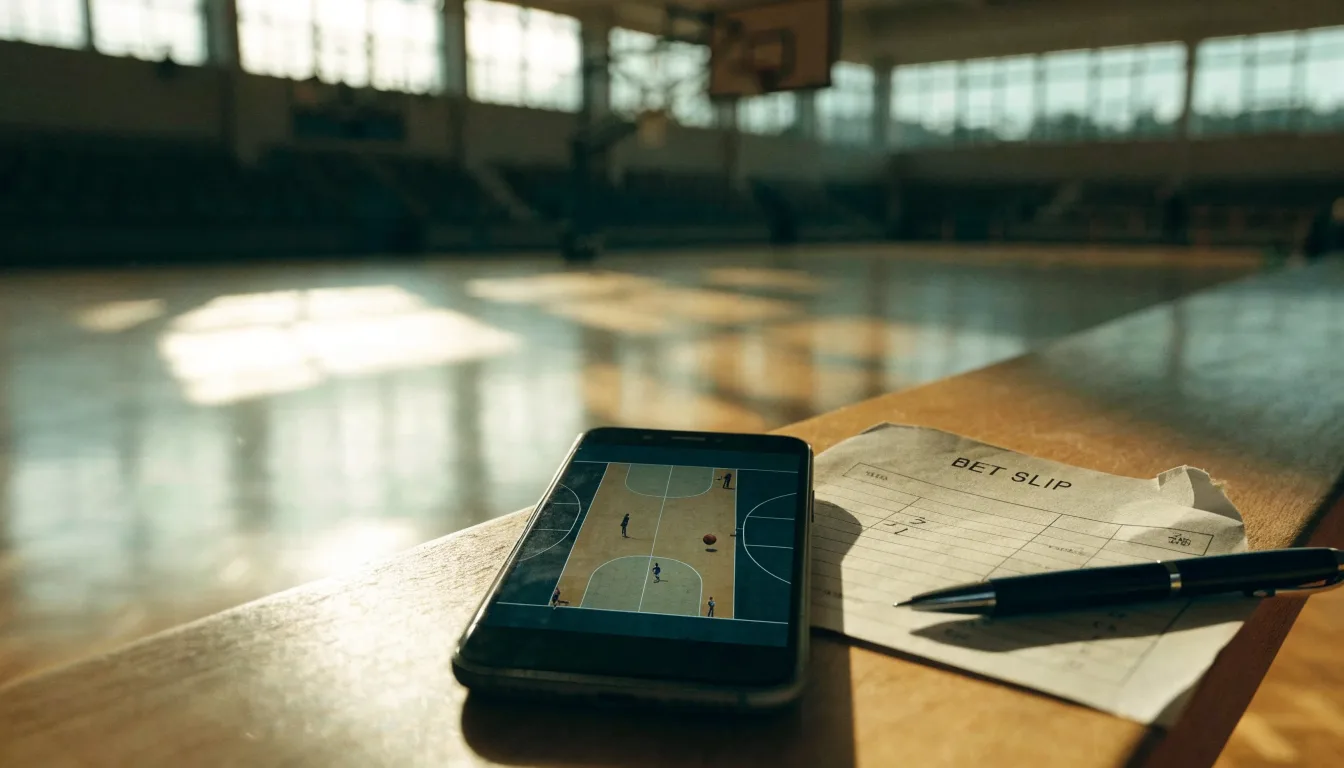 Ein Basketballkorb hängt in einer leeren Turnhalle, durch hohe Fenster fällt Licht auf das Holzparkett.