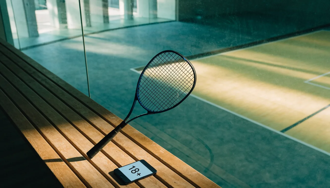 Ein Squashschläger lehnt an der Glaswand eines leeren Courts, draussen fällt Tageslicht in den Gang.