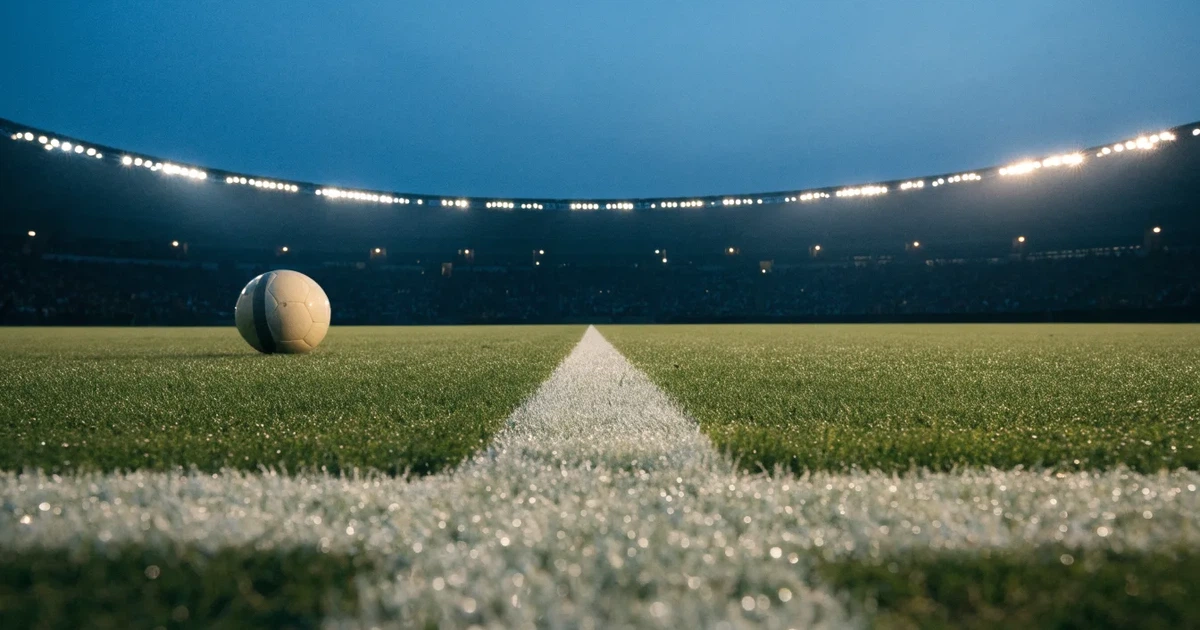 Eine Seitenlinie aus weisser Kreide auf dem Rasen in der Dämmerung, in der Ferne ragt eine hell beleuchtete Stadionschüssel auf.