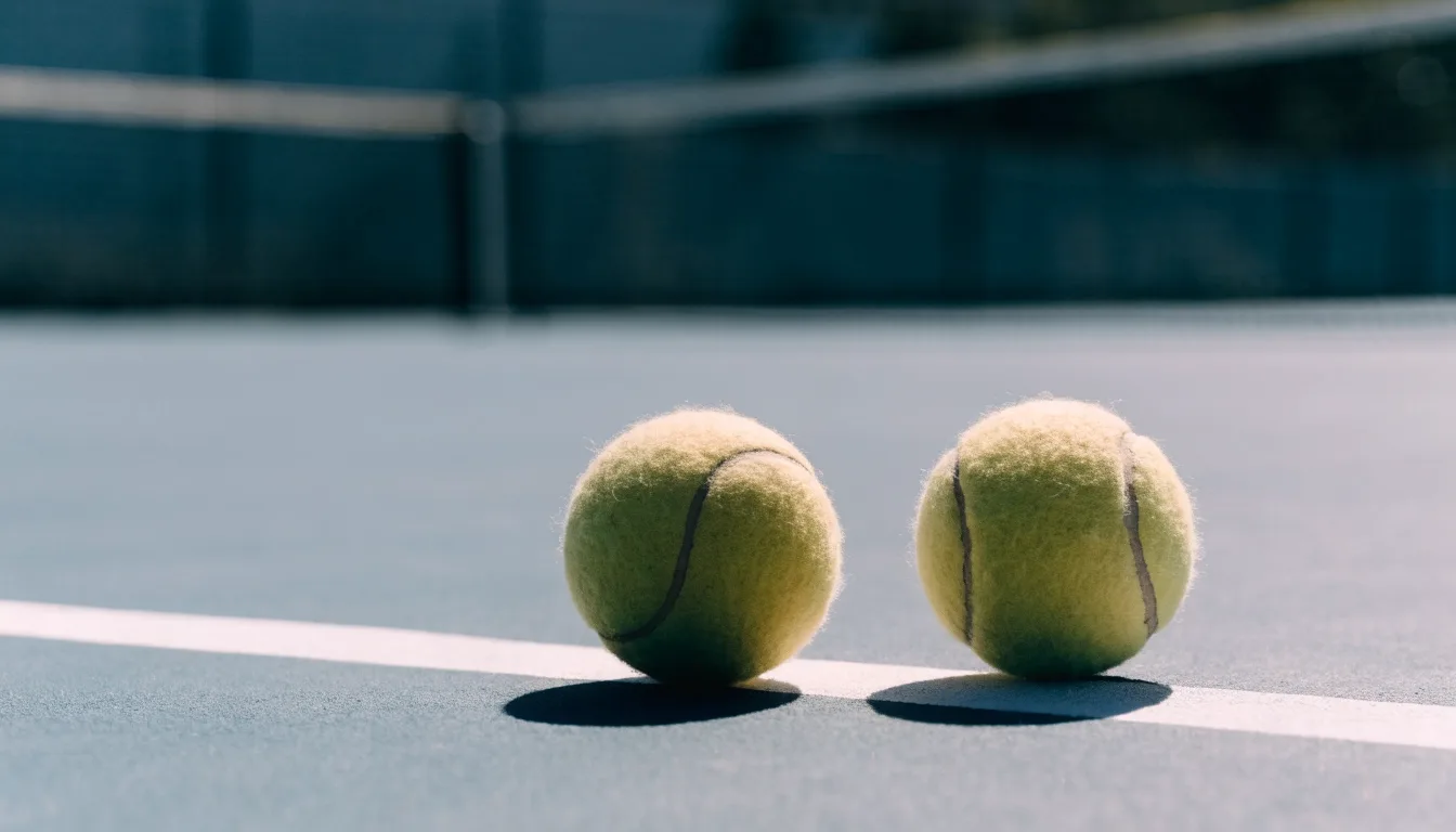 Zwei Tennisbälle liegen auf der weissen Grundlinie eines Hartplatzes im grellen Sonnenlicht.
