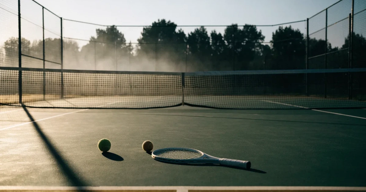 Ein leerer Tennisplatz im Morgengrauen, der Netzschatten fällt lang über den Platz, über der Grundlinie liegt leichter Nebel.