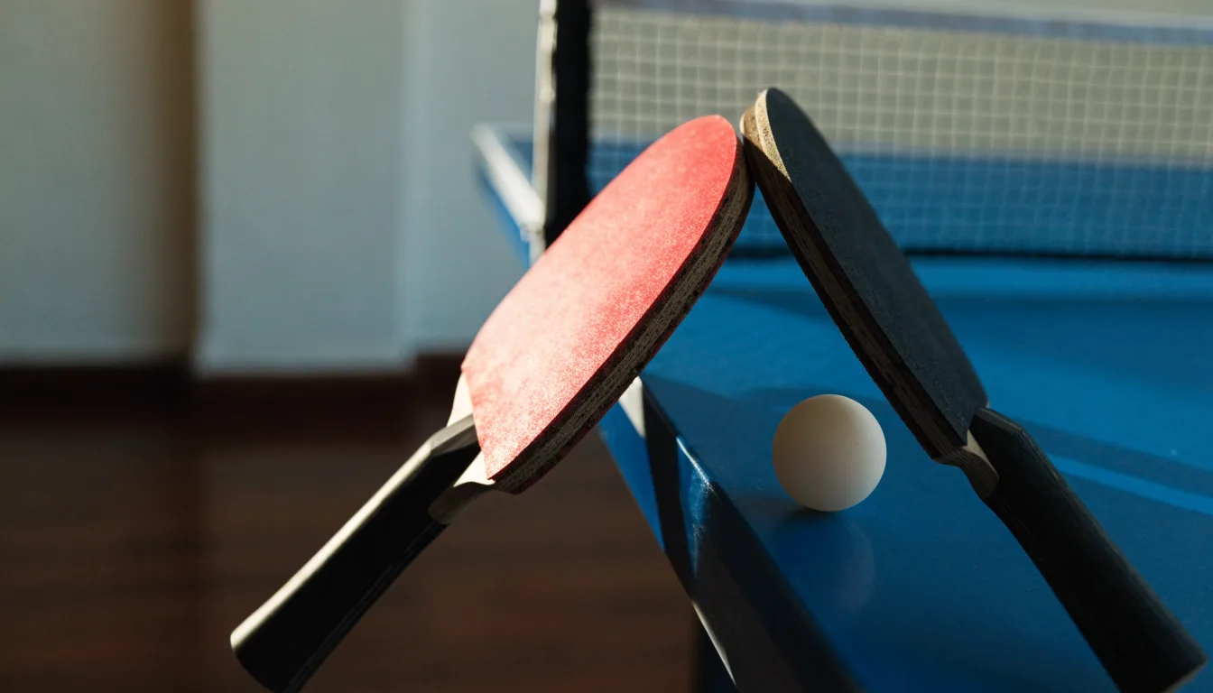 Zwei Tischtennisschläger liegen gekreuzt am Rand einer Platte, daneben ein kleiner weisser Ball.