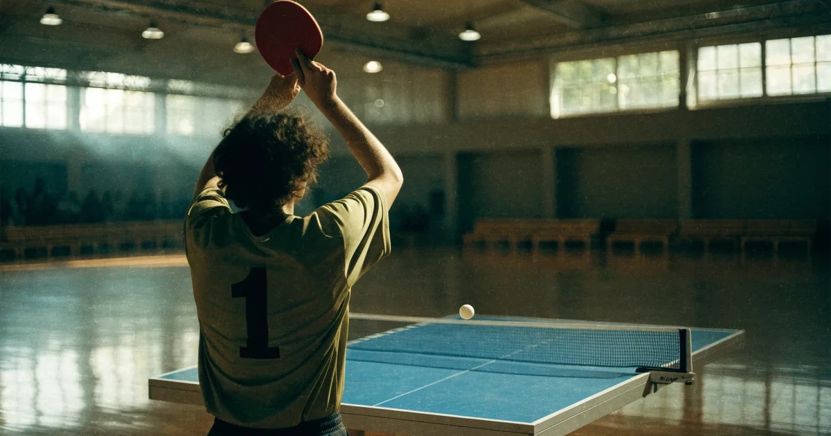 Eine Tischtennisplatte mit Netz in einer leeren Sporthalle, ein heller Ball liegt auf einer Seite, Deckenlicht spiegelt sich im Hallenboden.