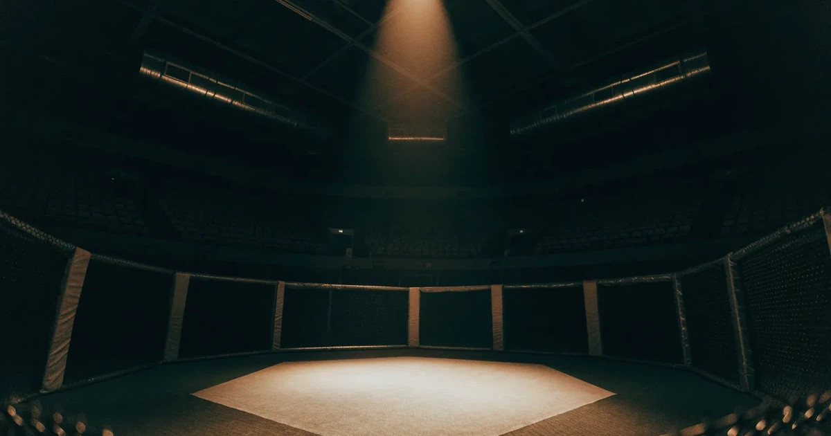 Ein achteckiger Kampfkäfig in einer abgedunkelten Halle, ein einzelnes Licht von der Decke beleuchtet die Matte.