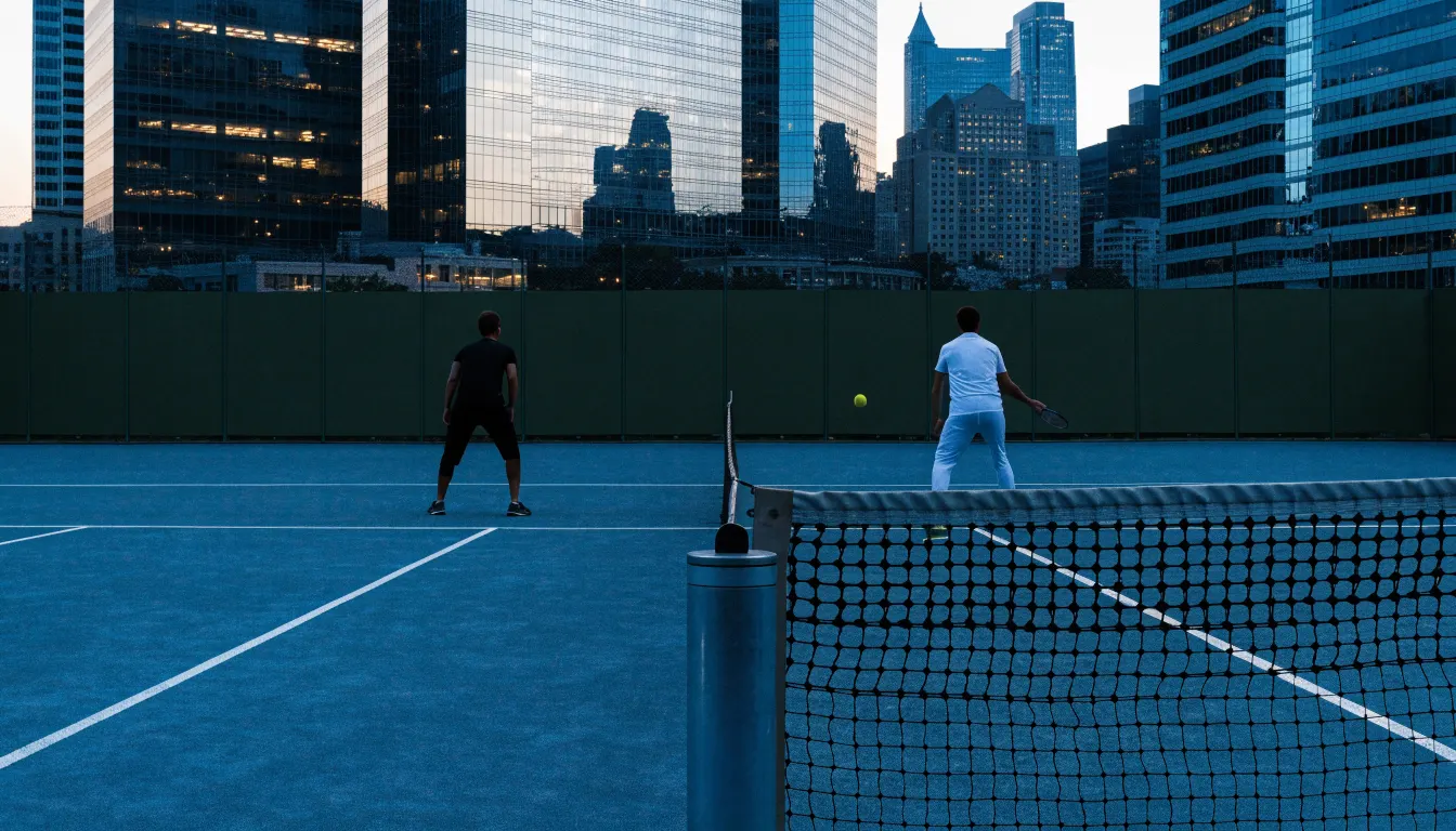 Die Hochhäuser einer Grossstadt in der Dämmerung, gesehen von einem Park, im Vordergrund ein gespanntes Tennisnetz.