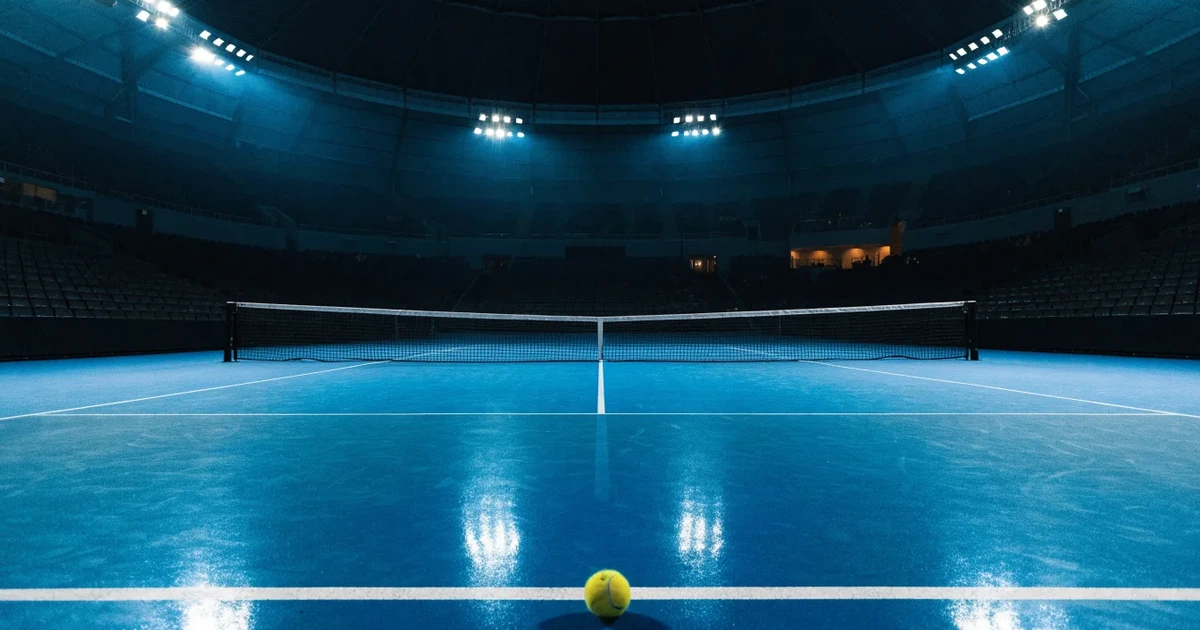Ein hohes Tennisstadion mit geschlossenem Dach, von innen beleuchtet, leere Sitzreihen umschliessen den blauen Hartplatz.