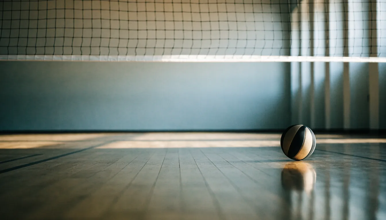 Eine Sporthalle mit gespanntem Volleyballnetz über poliertem Holzboden, hohe Fenster lassen Tageslicht herein.
