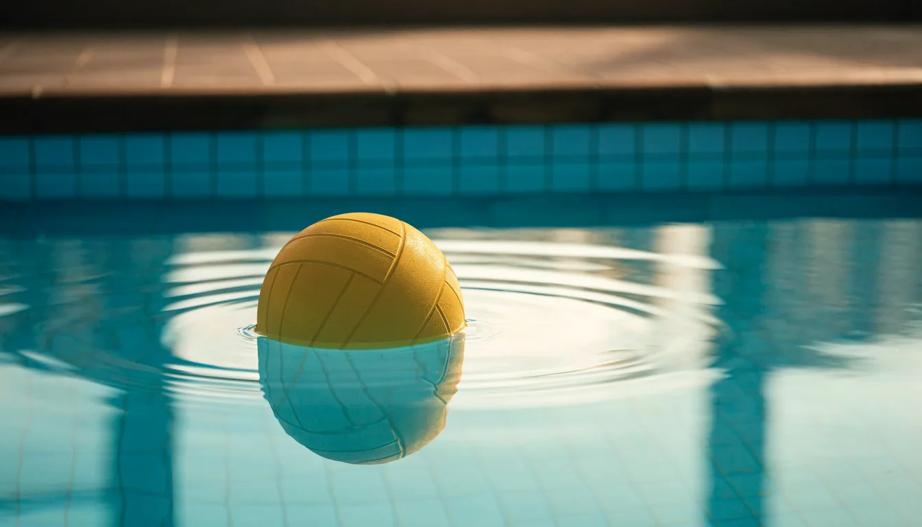 Ein gelber Ball treibt auf ruhigem türkisfarbenem Beckenwasser, feine Wellen im weichen Licht.