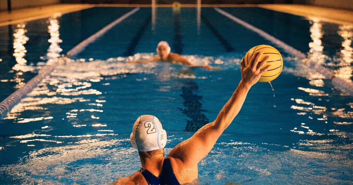 Ein Wasserballbecken am Abend mit zwei schwimmenden Torrahmen an den Enden, ruhiges blaues Wasser, leere Ränge.