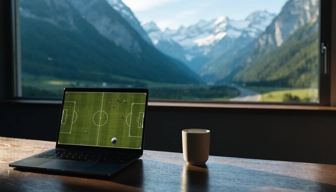Schneebedeckte Berge erheben sich hinter einem Fussballstadion in einem Schweizer Tal, davor liegt eine leere Strasse im Morgenlicht.