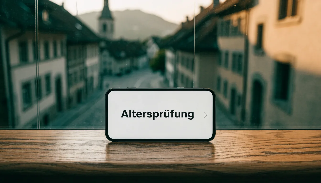 Eine ruhige Gasse in einer Schweizer Altstadt mit Kopfsteinpflaster am frühen Morgen, im Hintergrund ein Kirchturm und Berge im Dunst.
