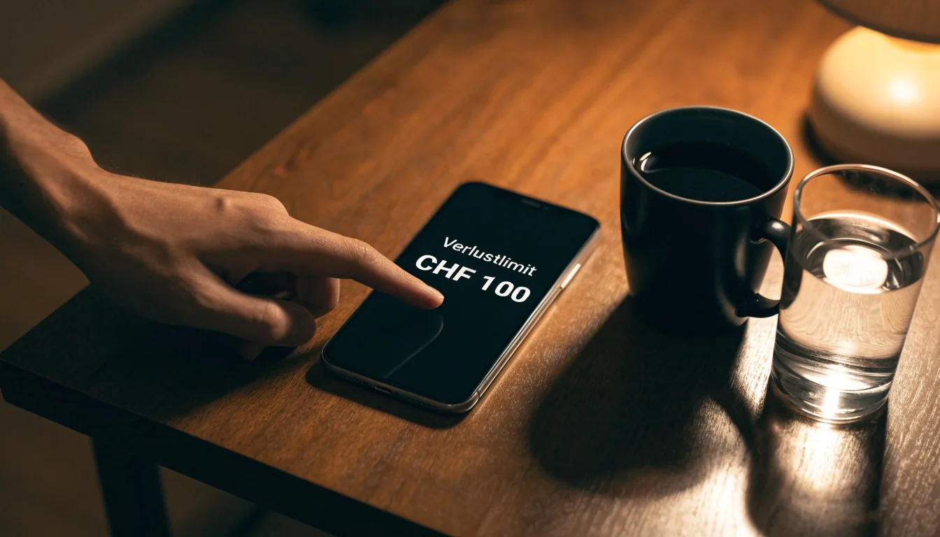 Ein Smartphone mit dunklem Display liegt neben einer Kaffeetasse und einem Glas Wasser auf einem Holztisch im Licht einer Lampe.