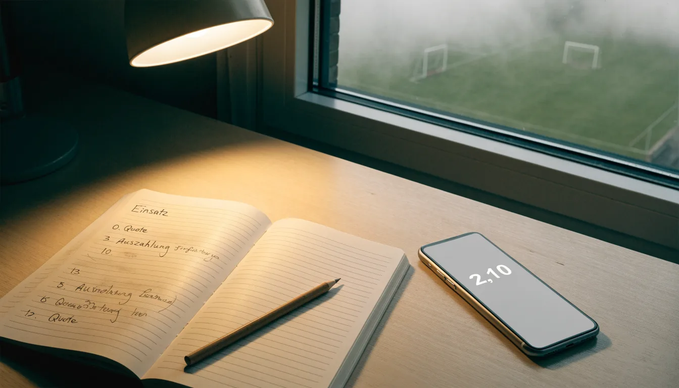Ein Schreibtisch am Fenster mit Schreibtischlampe, Bleistift und leerem Block, draussen liegt ein Fussballplatz im Dunst.
