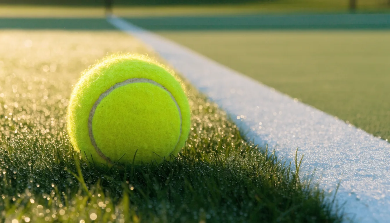 Ein gelber Tennisball liegt im Gras neben der weissen Grundlinie, Tau glitzert auf den Halmen im flachen Sonnenlicht.