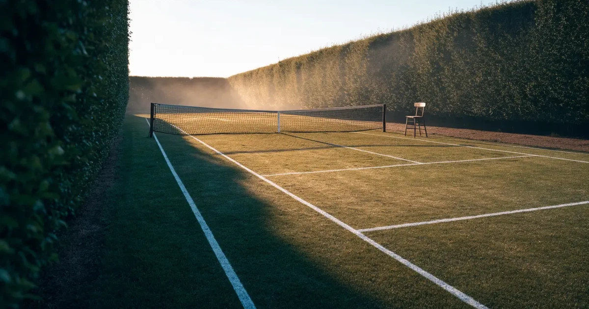 Ein Tennisplatz aus Rasen im ersten Morgenlicht mit frisch gezogenen Linien, einem Netz und einem leeren Schiedsrichterstuhl, dahinter hohe Hecken.
