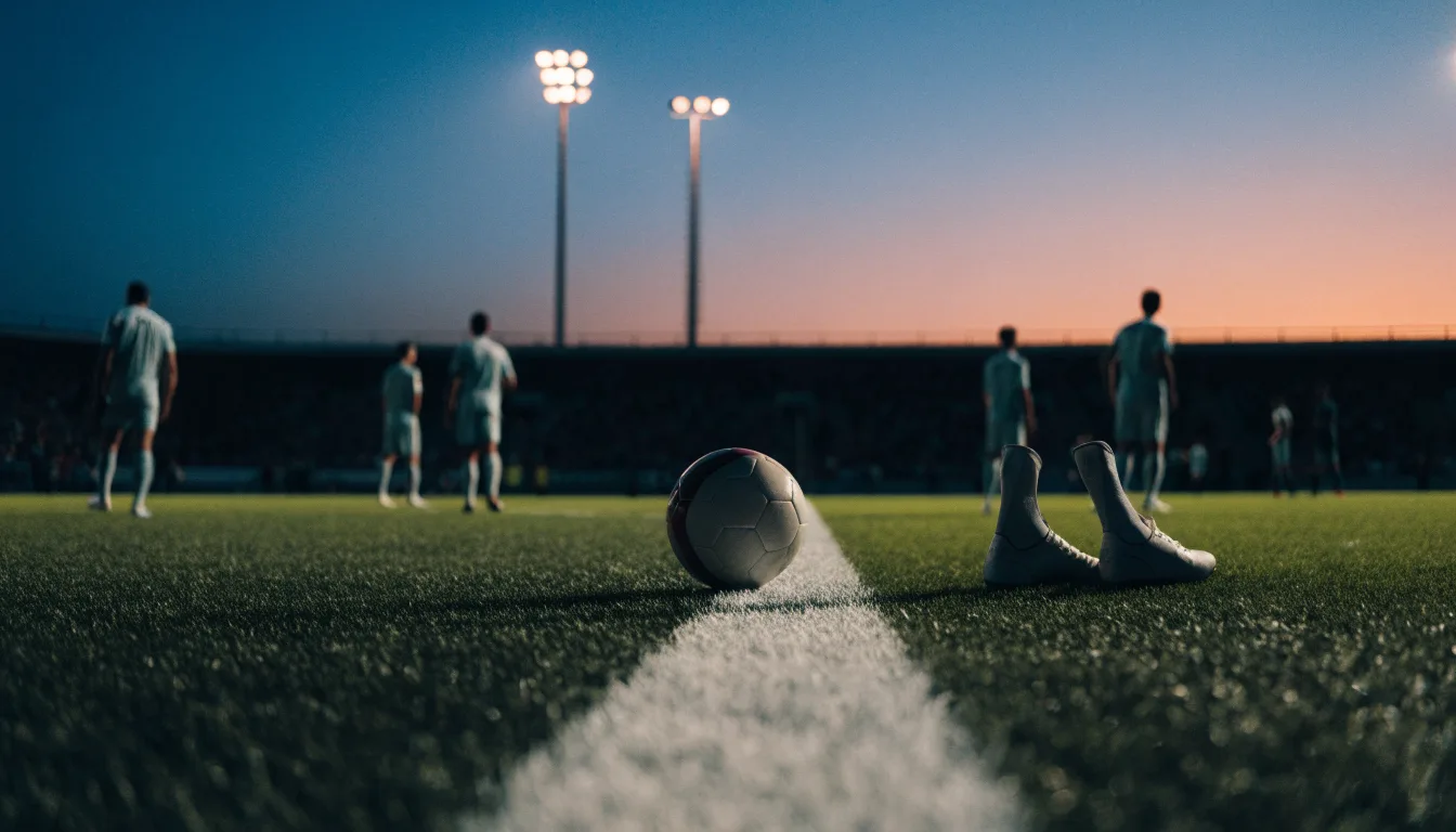 Ein Fussball und ein Paar Stollenschuhe stehen am Rand eines Kunstrasenplatzes, Flutlichtmasten ragen in den Abendhimmel.