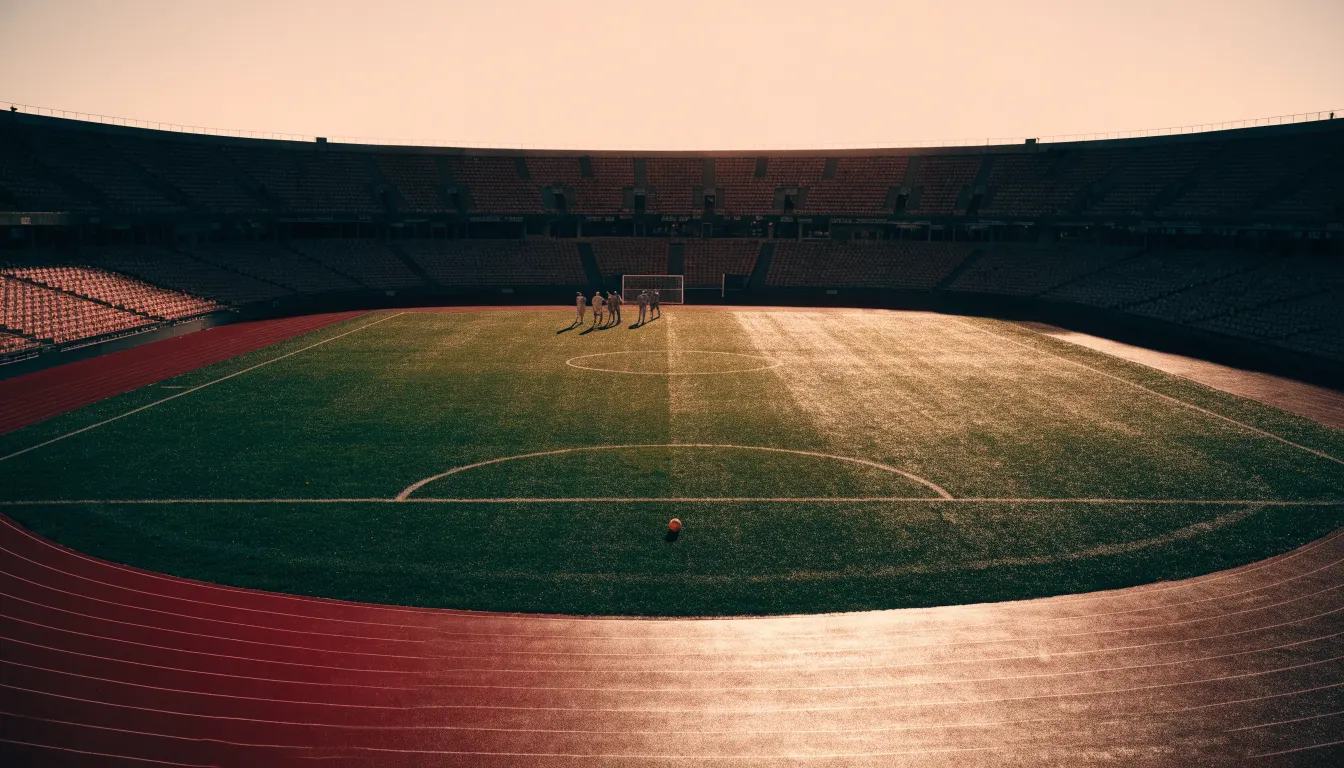 Eine rote Laufbahn umringt ein Fussballfeld beim Sonnenaufgang, auf dem Rasen liegt Tau.