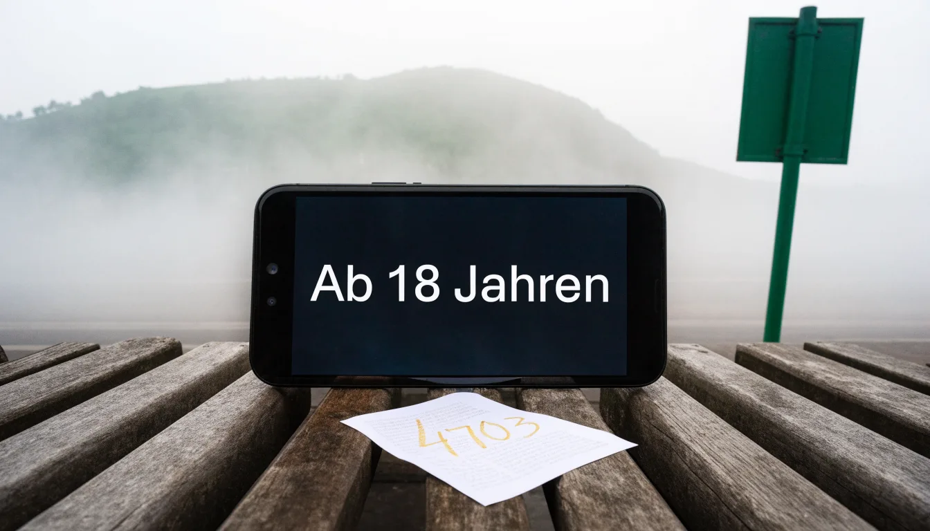 Ein leerer Bahnsteig mit einer Holzbank im Morgennebel, dahinter sanfte Hügel.