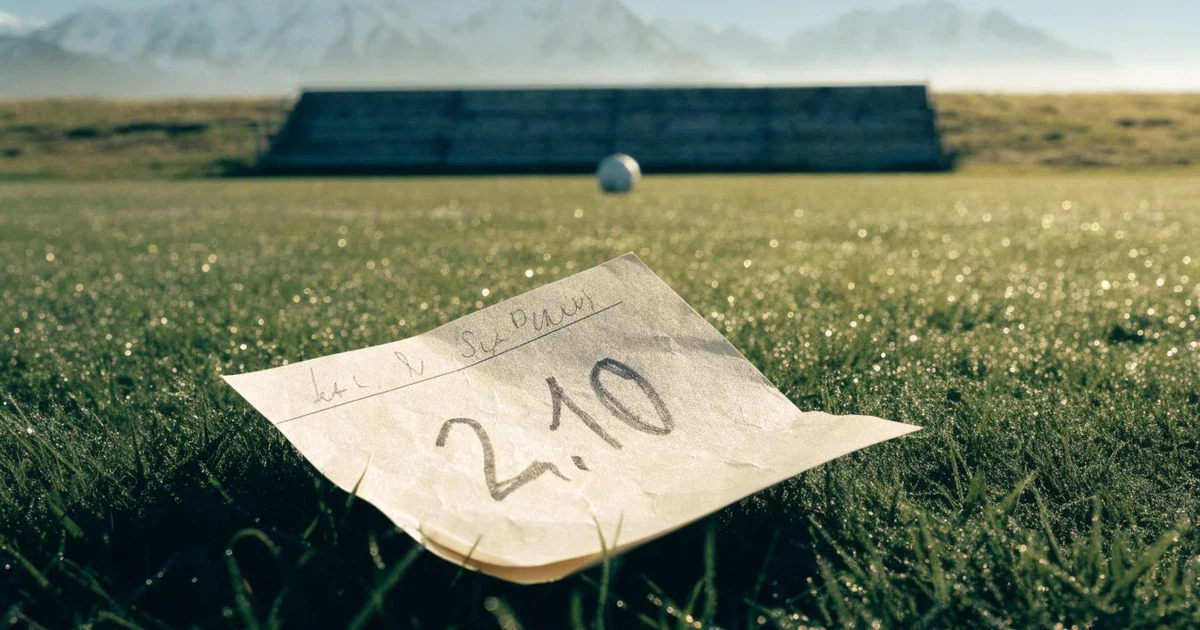 Ein Fussball liegt am frühen Morgen auf dem Rasen eines leeren Fussballfeldes, dahinter eine kleine Tribüne und schneebedeckte Berge.