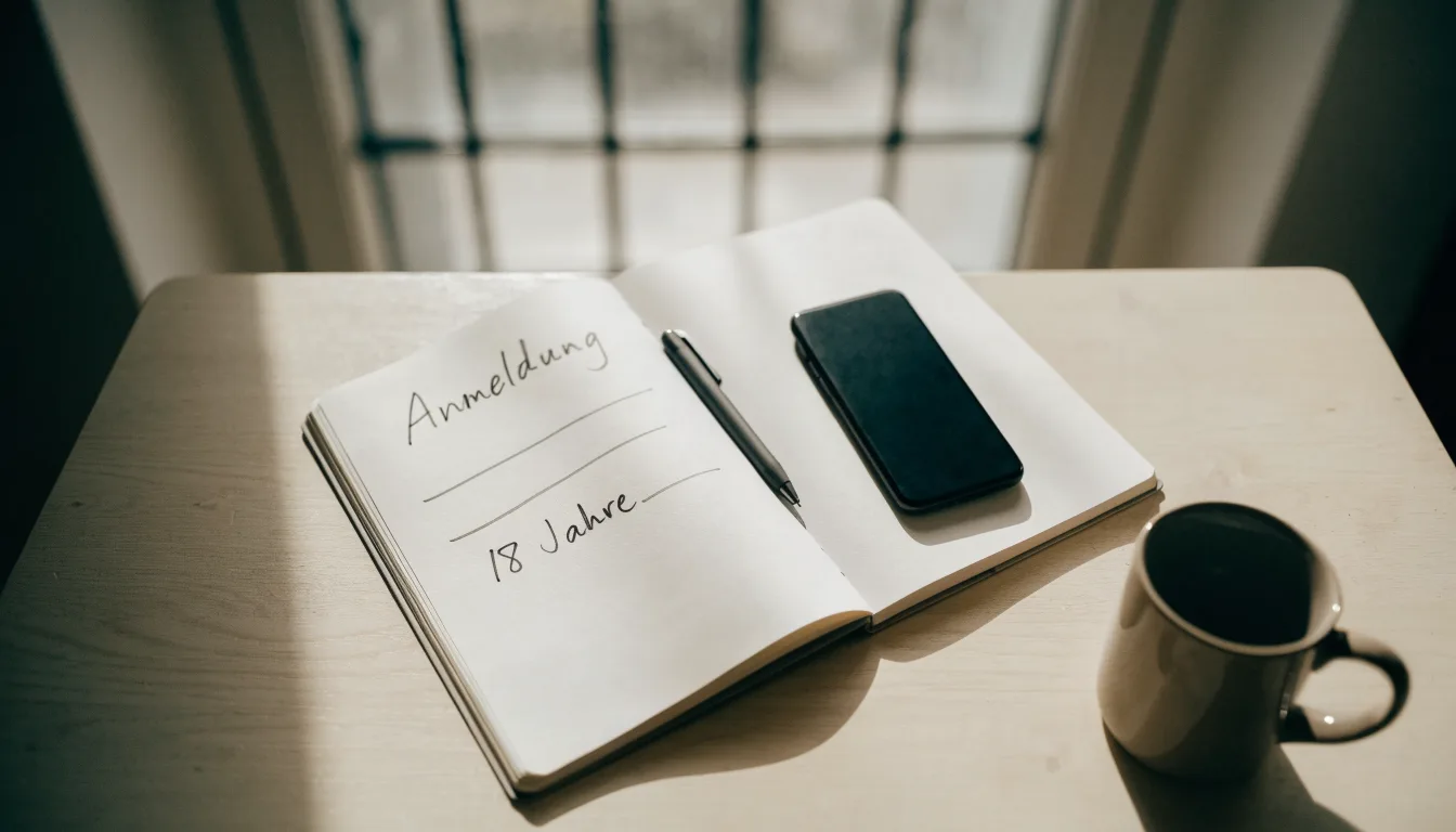 Ein aufgeschlagenes Notizbuch mit handschriftlichen Notizen und ein Kugelschreiber liegen auf einem Holztisch neben einem Fenster mit Tageslicht.