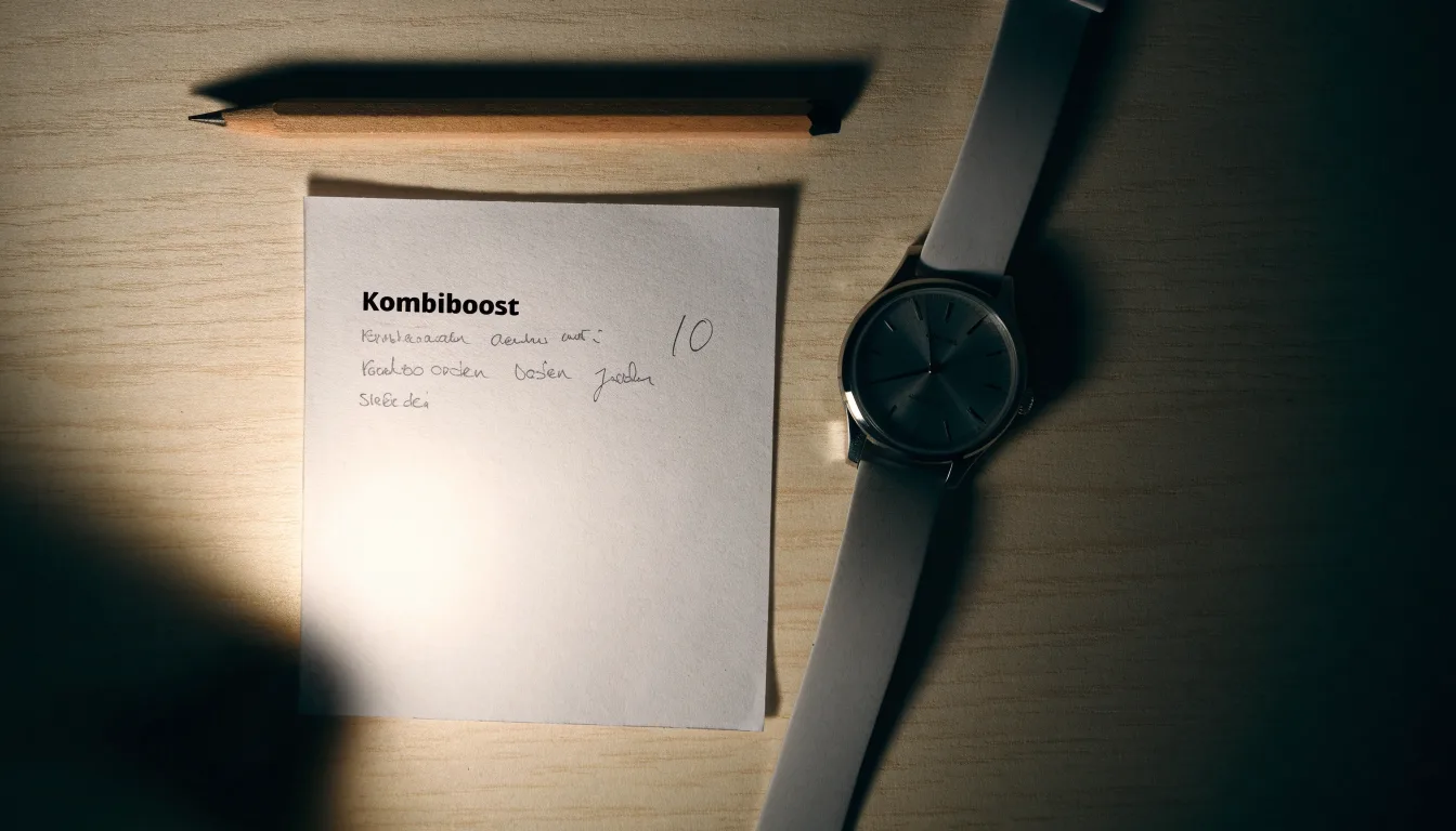 Eine Armbanduhr und ein gespitzter Bleistift liegen auf einem hellen Holztisch im Licht einer Schreibtischlampe.