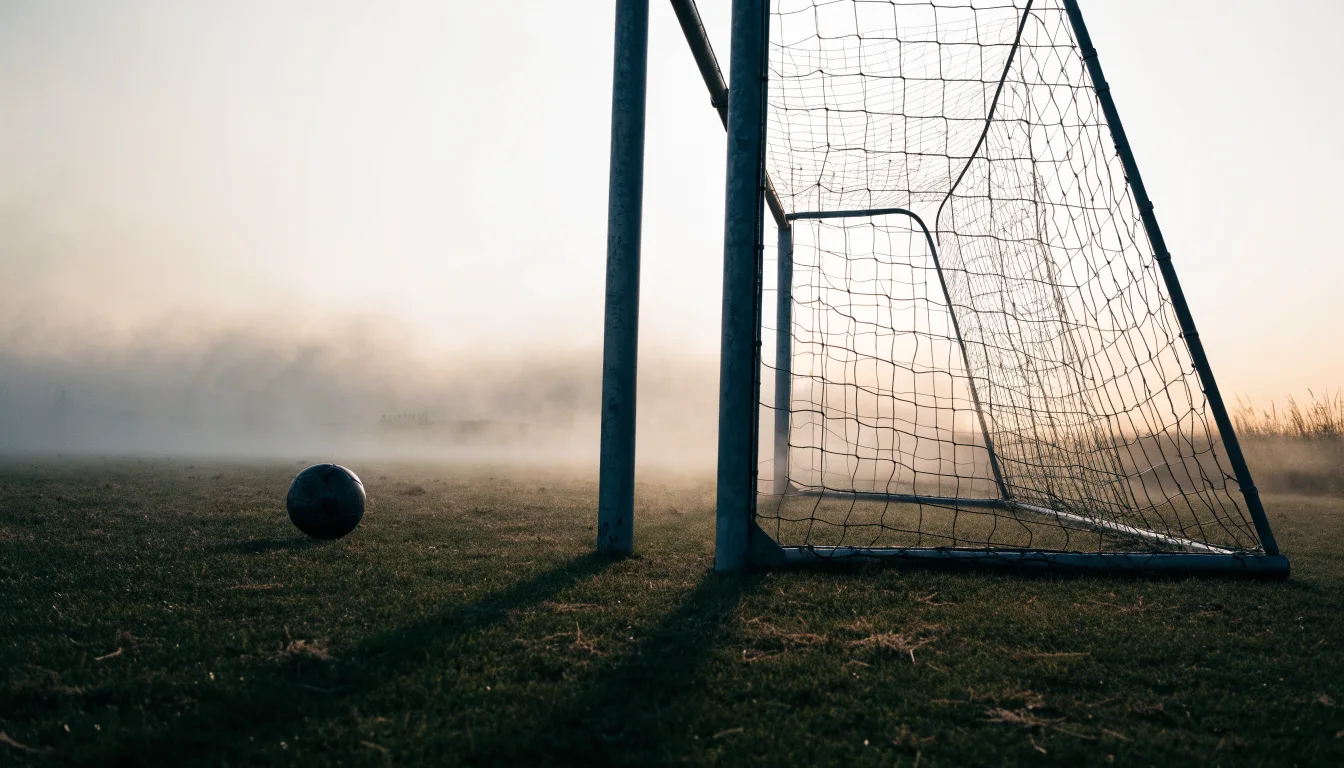 Ein Torpfosten mit Netz steht im Gegenlicht auf einem leeren Fussballplatz, über dem Rasen liegt Nebel.
