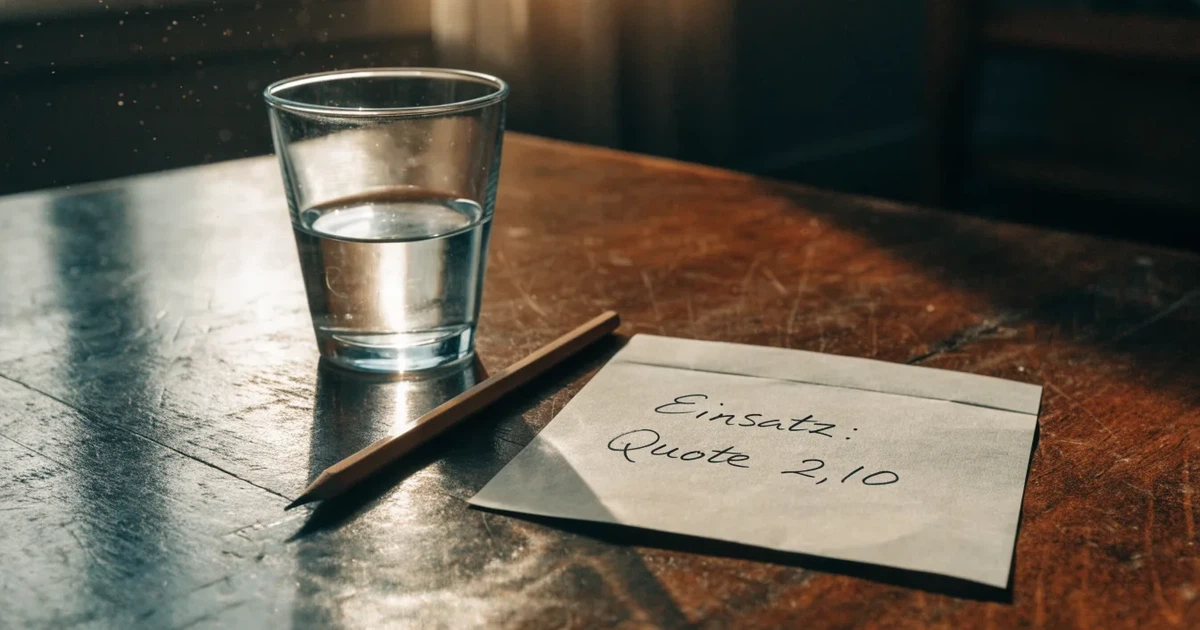 Ein Taschenrechner und ein Bleistift liegen auf einem Holztisch, daneben steht ein halb gefülltes Glas Wasser.