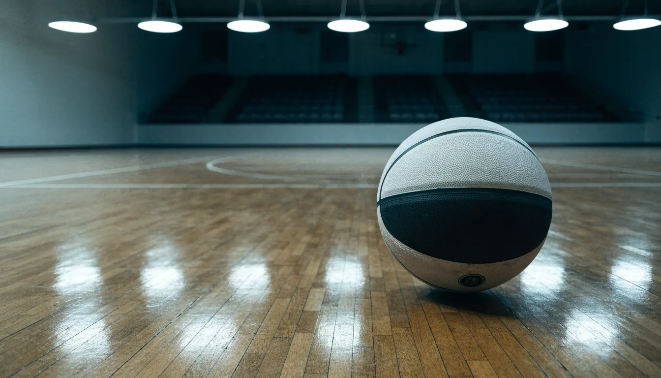 Ein Basketball liegt auf dem Parkett einer leeren Sporthalle im Licht der Deckenlampen.