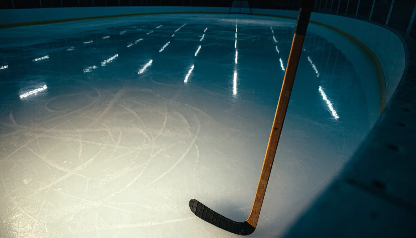 Ein Eishockeyschläger lehnt an der Bande einer leeren Halle, auf dem Eis spiegeln sich die Deckenlampen.