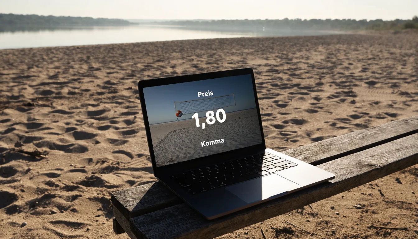 Ein Volleyball liegt auf dem Sand eines Strandfeldes am Seeufer, im Hintergrund glitzert das Wasser.