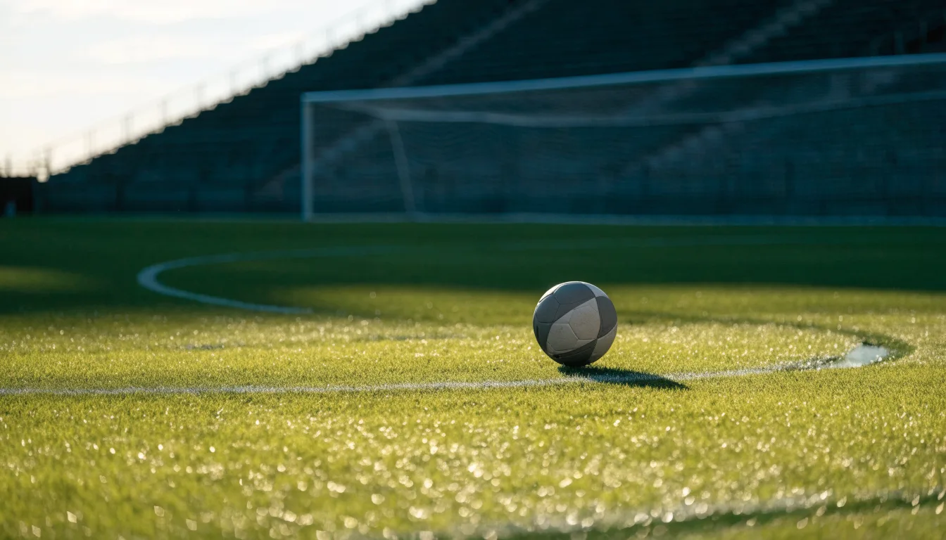 Ein einzelner Fussball liegt auf dem Elfmeterpunkt eines leeren Strafraums, der Rasen glänzt nass.