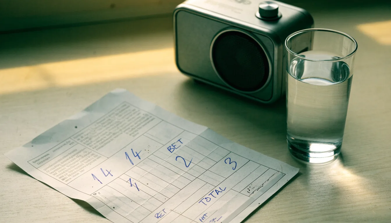 Ein altes Radio steht auf einer Küchenablage neben einem Glas Wasser, Morgenlicht fällt durchs Fenster.