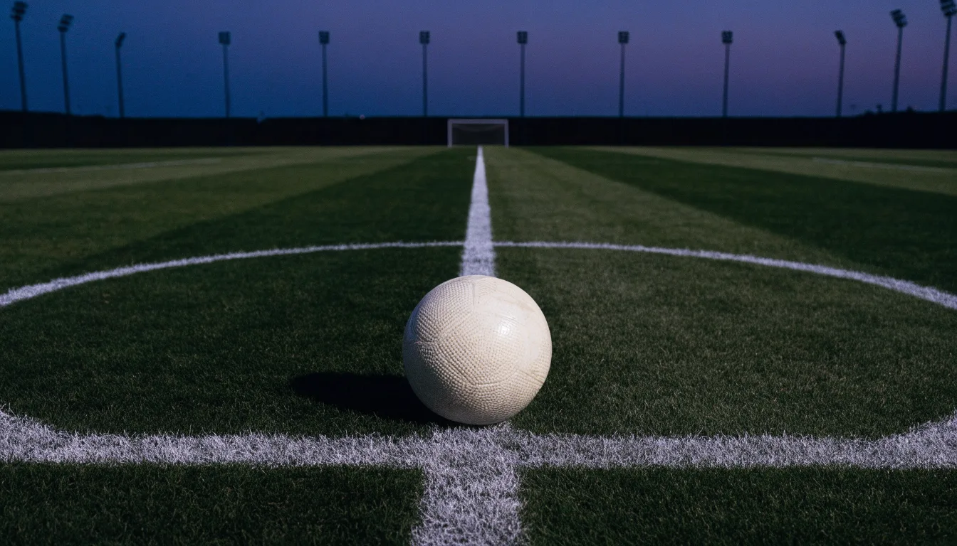 Ein Fussball liegt auf dem Mittelpunkt eines leeren Rasenplatzes, im Hintergrund ragen Flutlichtmasten in die Abenddämmerung