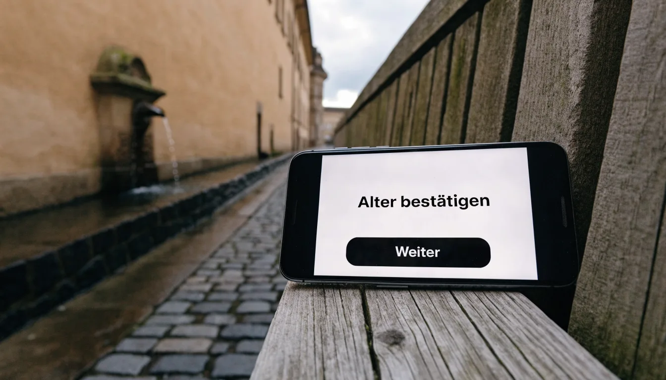 Ein Brunnen vor einer Sandsteinfassade in einer Altstadtgasse, nasses Kopfsteinpflaster und gedämpftes Licht eines bewölkten Morgens