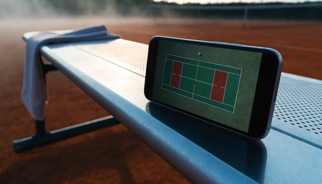 Ein Tennisplatz mit Sandbelag in der Morgendämmerung, Netz und Linien liegen im ersten Licht, Nebel hängt über dem Boden