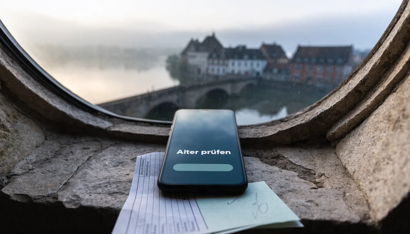 Eine steinerne Brücke über einen Fluss in einer Kleinstadt am frühen Morgen, Nebel zieht zwischen den Dächern hindurch