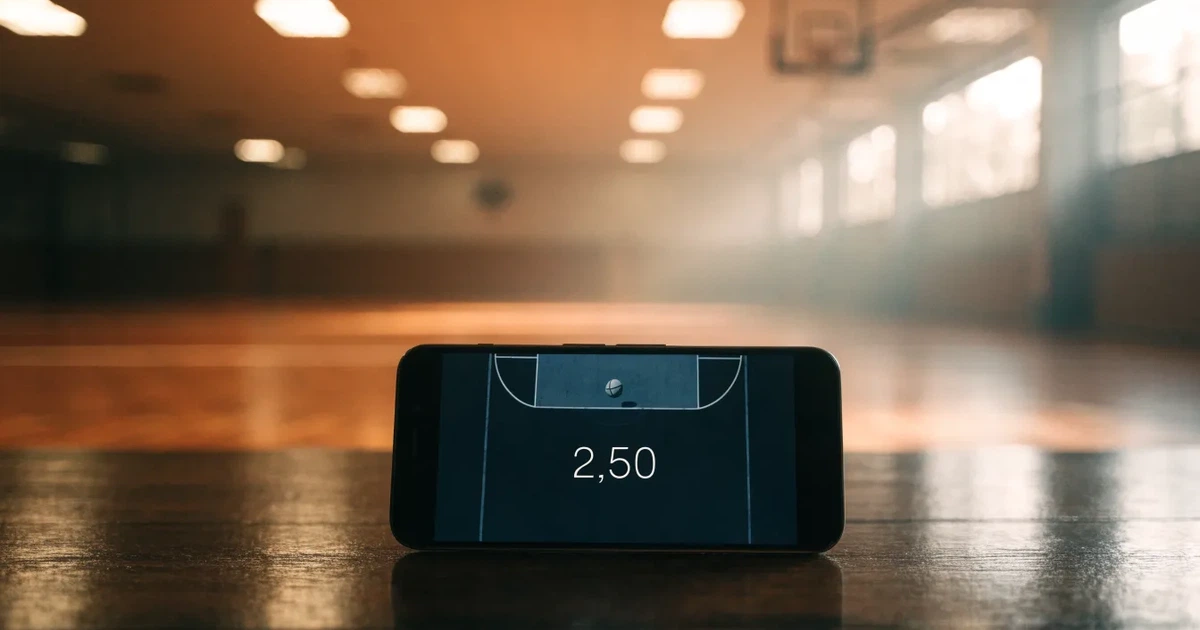 Ein Basketballkorb in einer leeren Halle, der Parkettboden glänzt im Licht der Deckenlampen