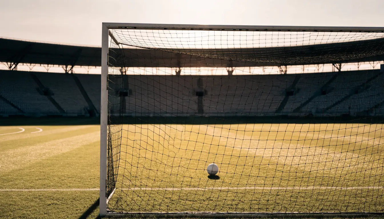 Eine leere Stadiontribüne bei Sonnenaufgang aus der Ferne, lange Schatten fallen über die Sitzreihen