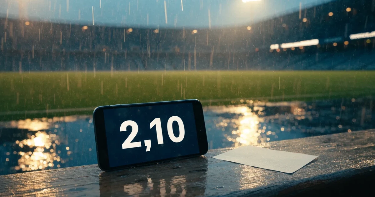 Ein Fussballplatz mit Kunstrasen im Regen, Pfützen spiegeln das Licht der Flutlichtmasten