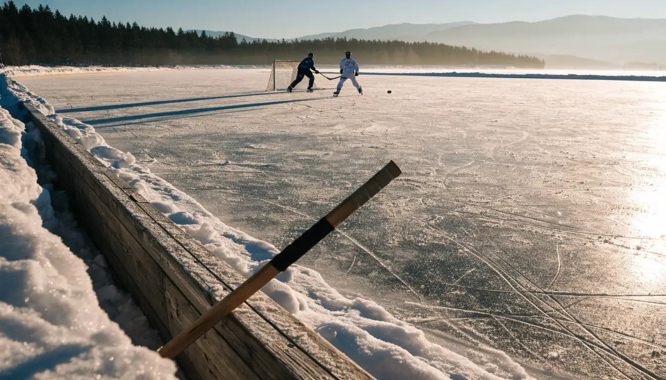 Ein Eishockeyfeld im Freien auf einem zugefrorenen See, Schneewehen an den Banden, klare Winterluft