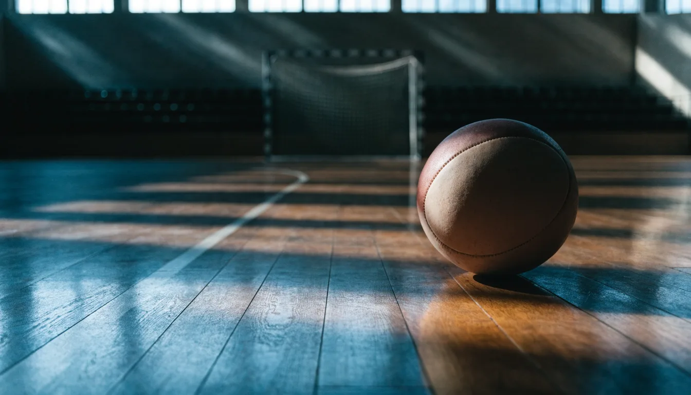 Ein Handball liegt auf dem Hallenboden einer leeren Sporthalle, Streifen von Licht aus den Oberlichtern